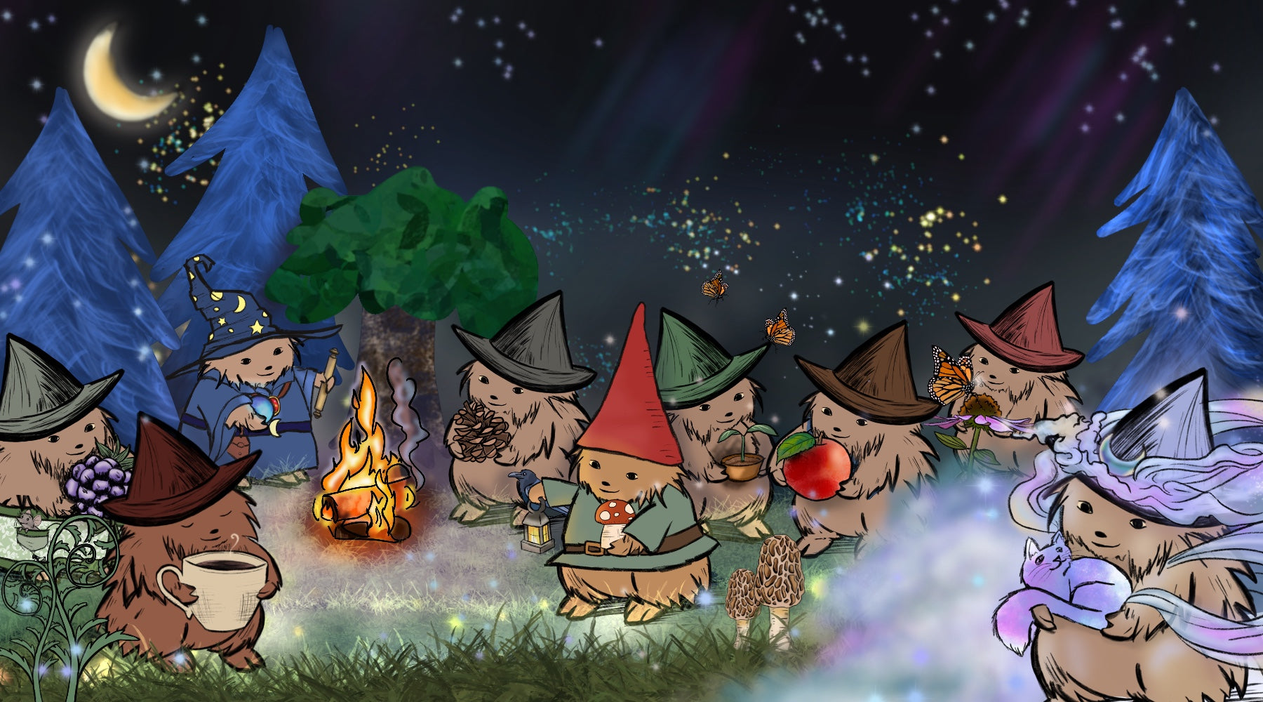 fantasy forest themed midnight party with a cozy fire. Witches, wizards, hedge folk, mushrooms, coffee, and cats gather under the crescent moon.