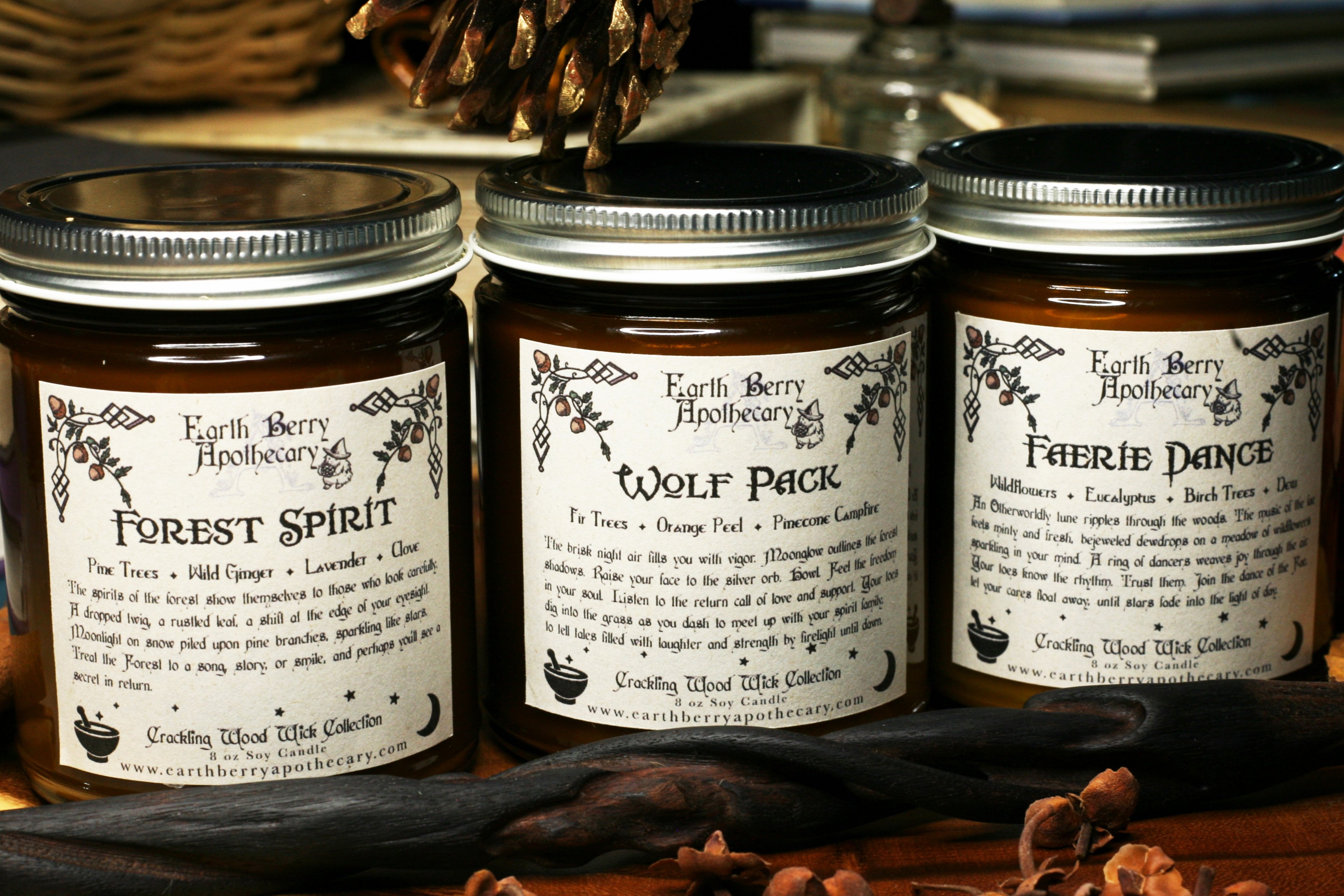 Fantasy forest themed crackling wood wick soy candles