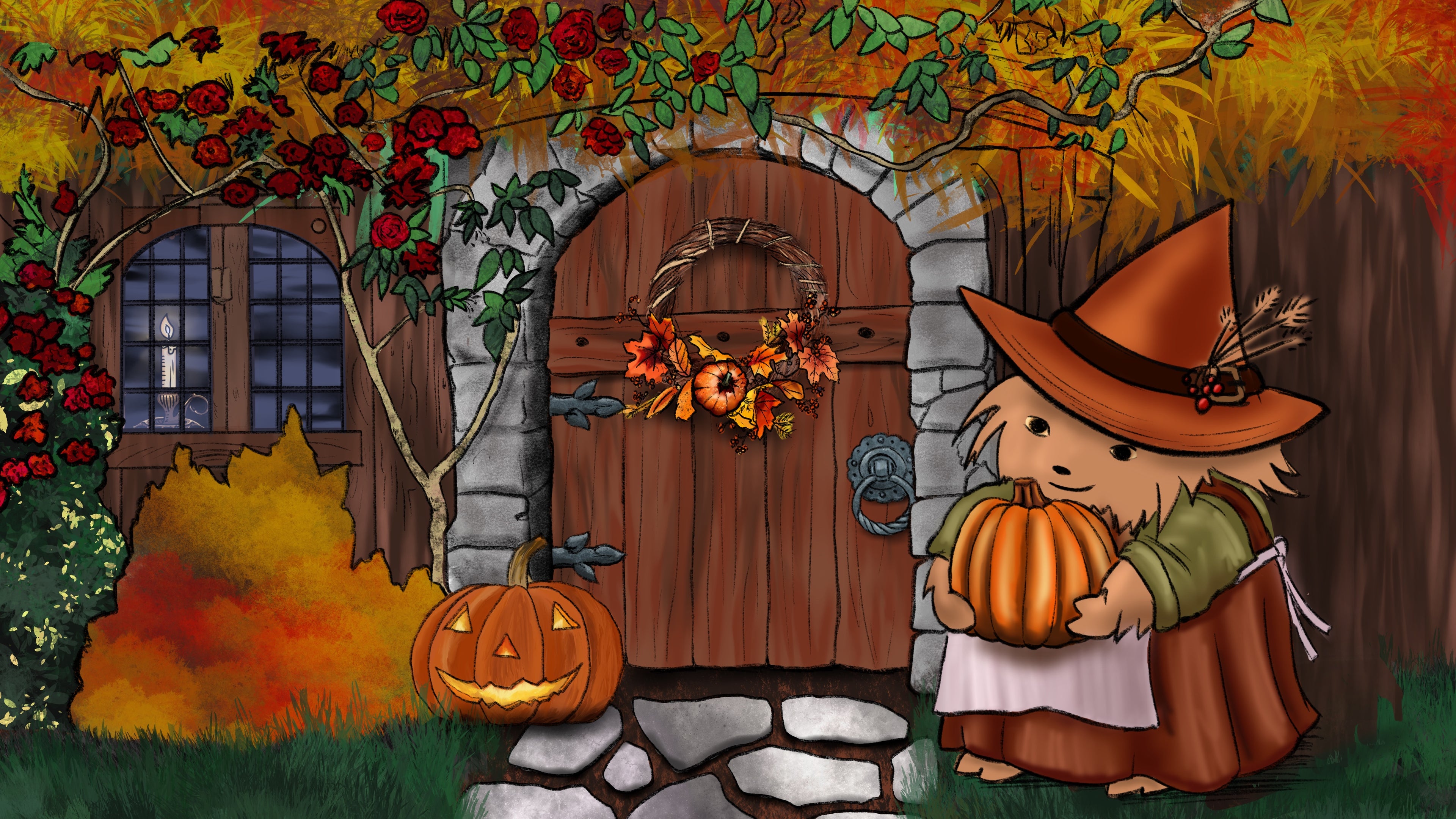 Harmony hedge witch stands at her cottage door holding a pumpkin. Cozy autumn colors mirror the grinning glowing jack o lantern 