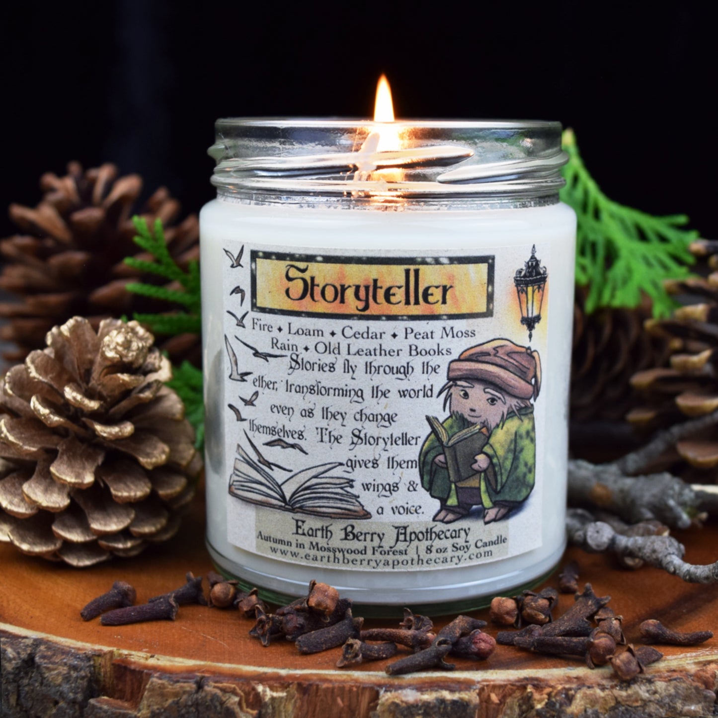 Wood fire and book scented soy candle fantasy theme