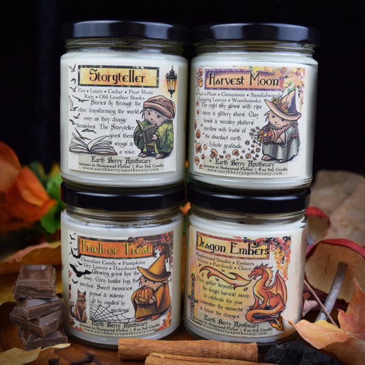 Set of 4 autumn candles including earthy patchouli, sweet chocolate, spiced autumn, and maple woodsmoke scented candles