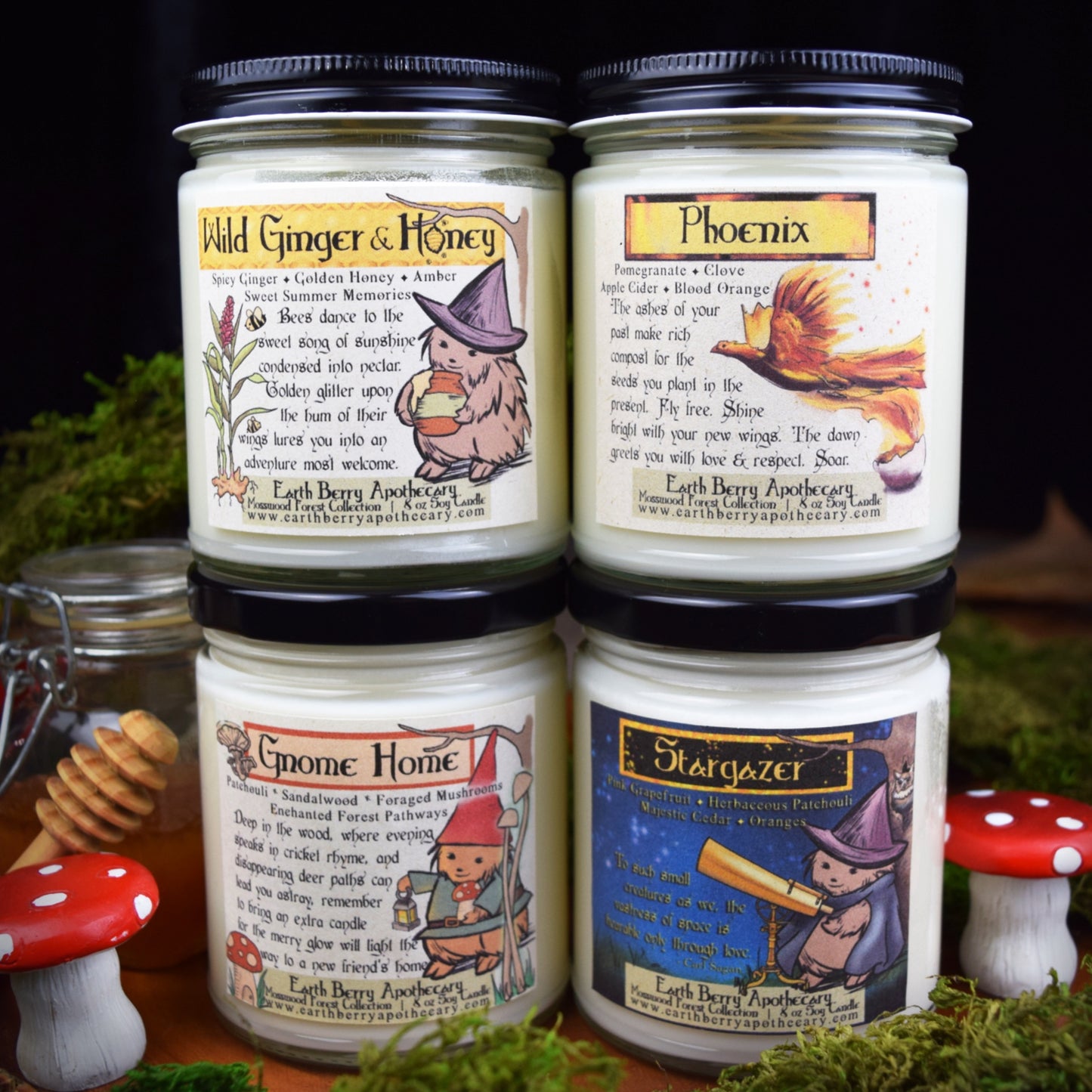 Fantasy themed set of candles that includes patchouli sandalwood, ginger and honey, patchouli and grapefruit, and pomegranate citrus