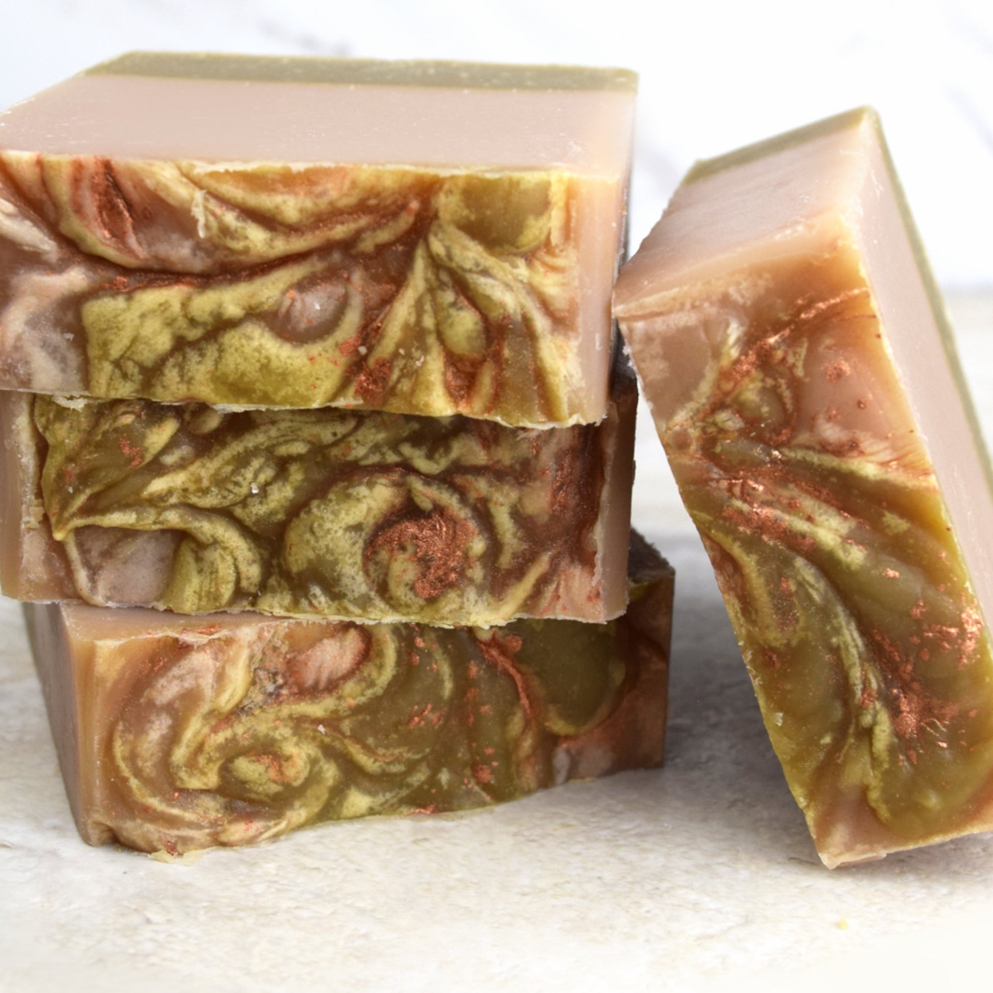 Oak and leather scented soap with swirl tops