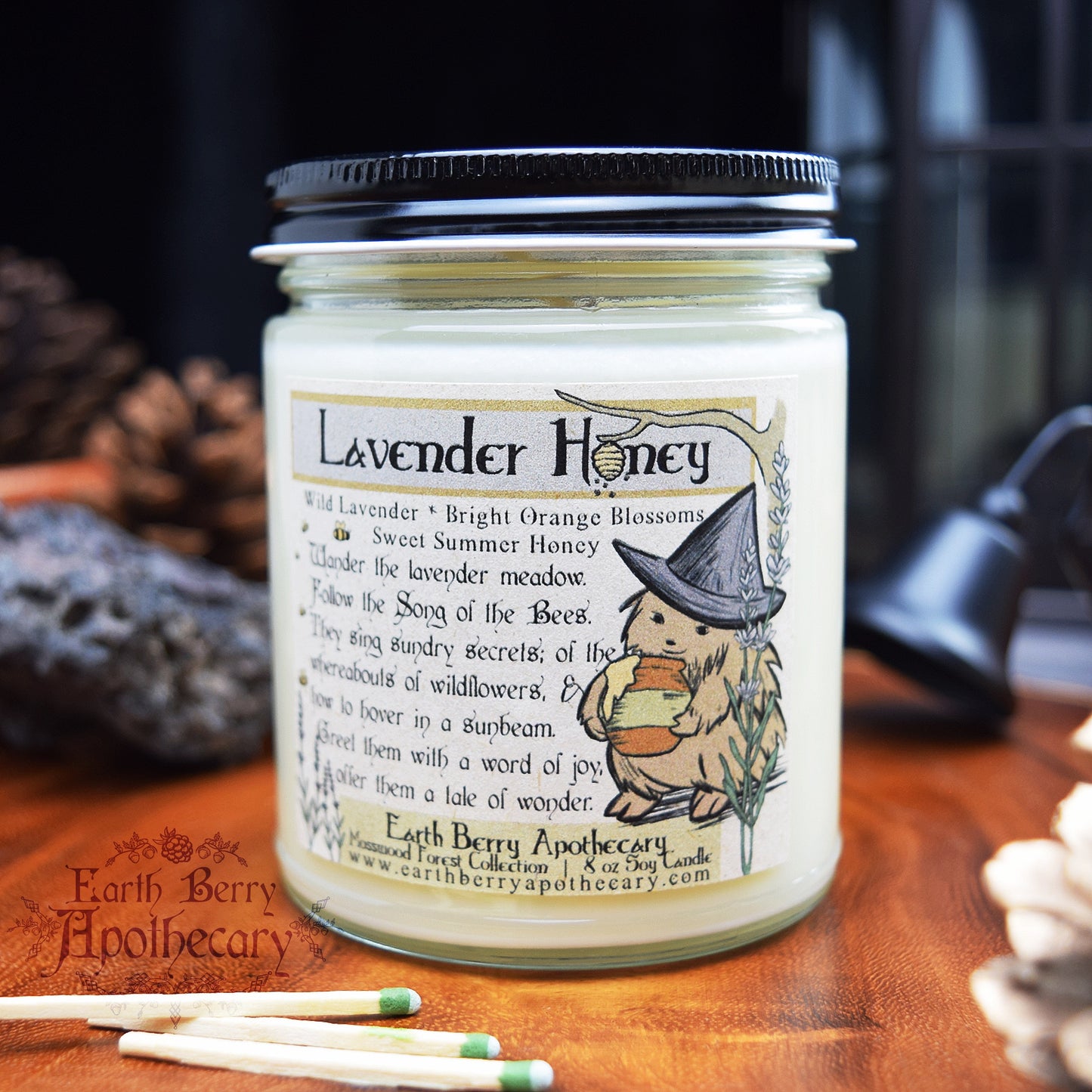 Lavender honey candle with witchy fantasy nature theme