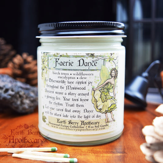 Faerie dance candle scented with birch trees, eucalyptus, and wildflowers