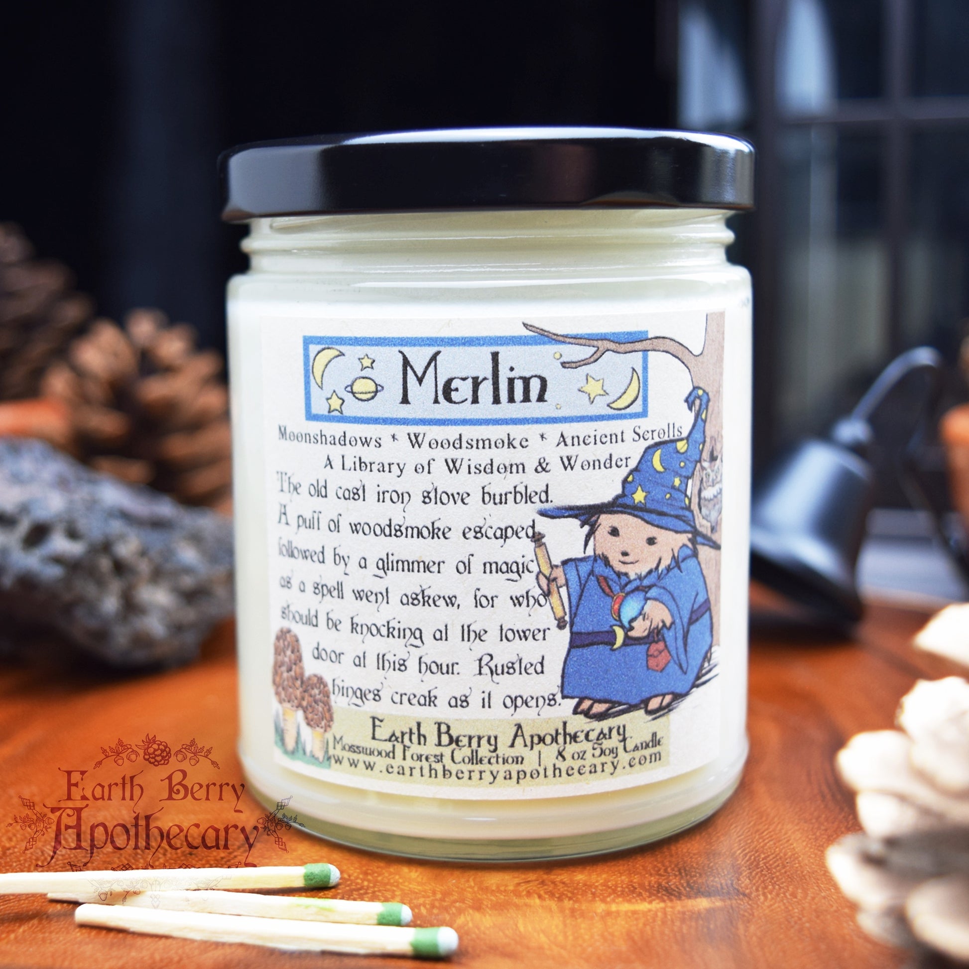 Book scented fantasy candle with the wizard Merlin as a hedgehog