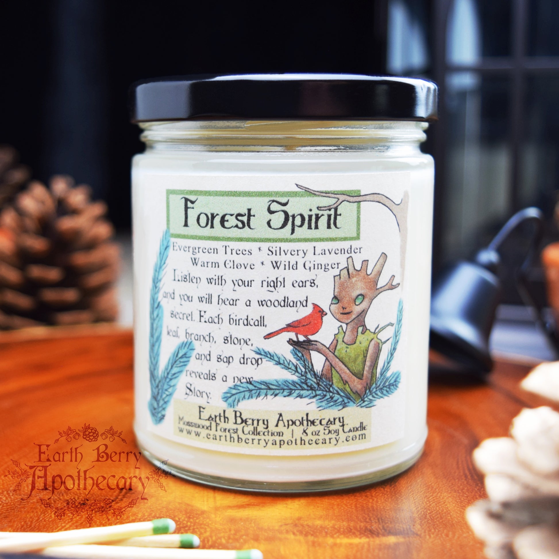 Fantasy nature themed candle scented with cinnamon, clove, and pine. The name is Forest spirit.