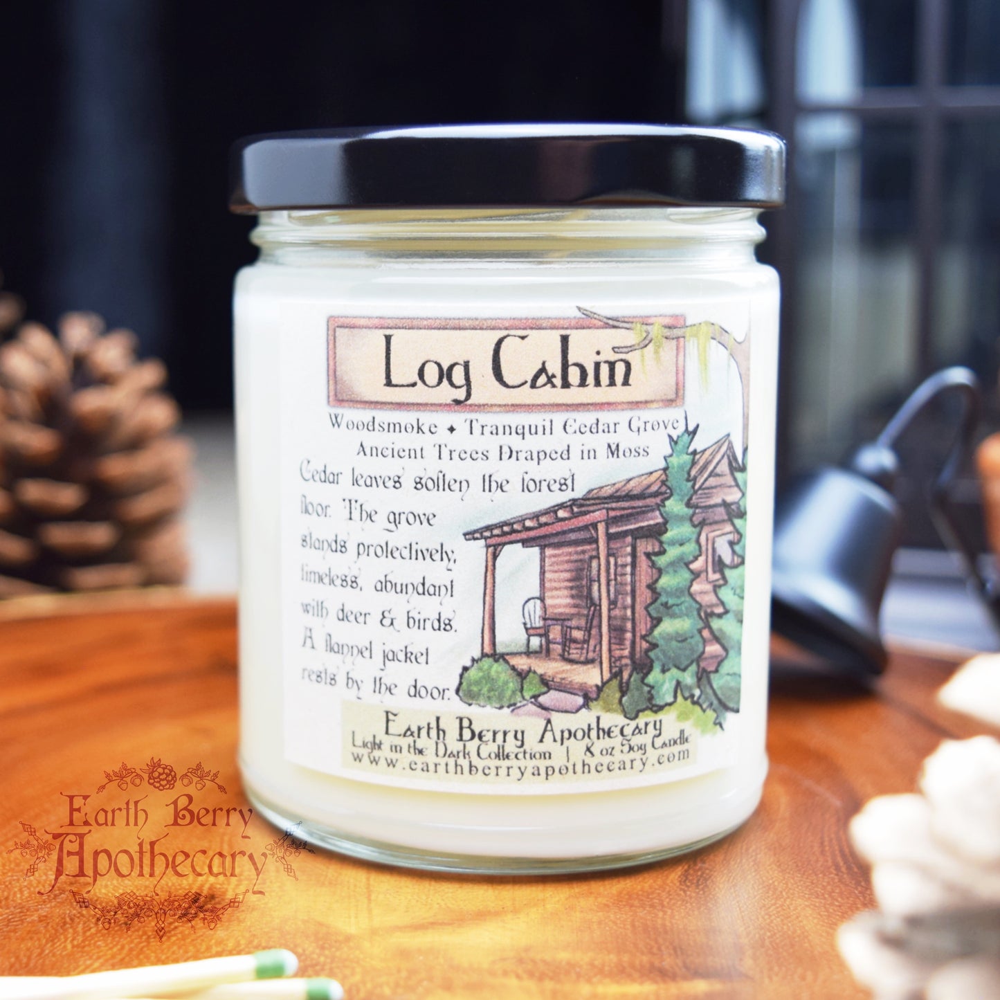 Pine and cedar woodsmoke scented nature themed candle called log cabin