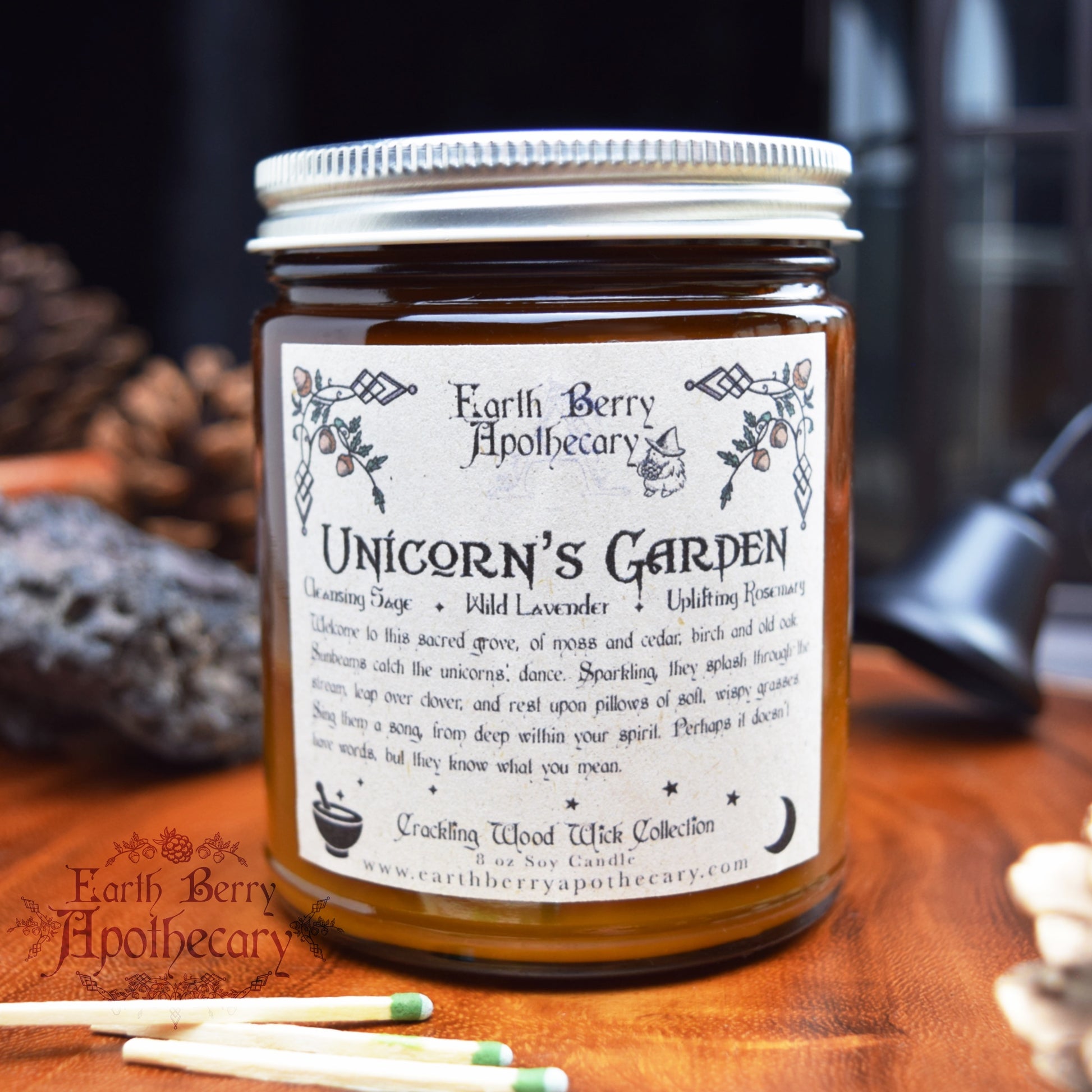 Lavender sage scented crackling wood wick candle called unicorns garden 