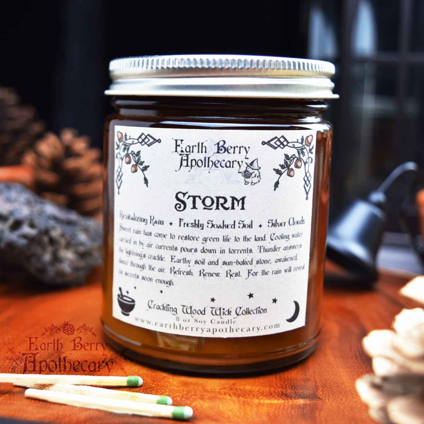 Wet stone and rain scented crackling wick candle called storm