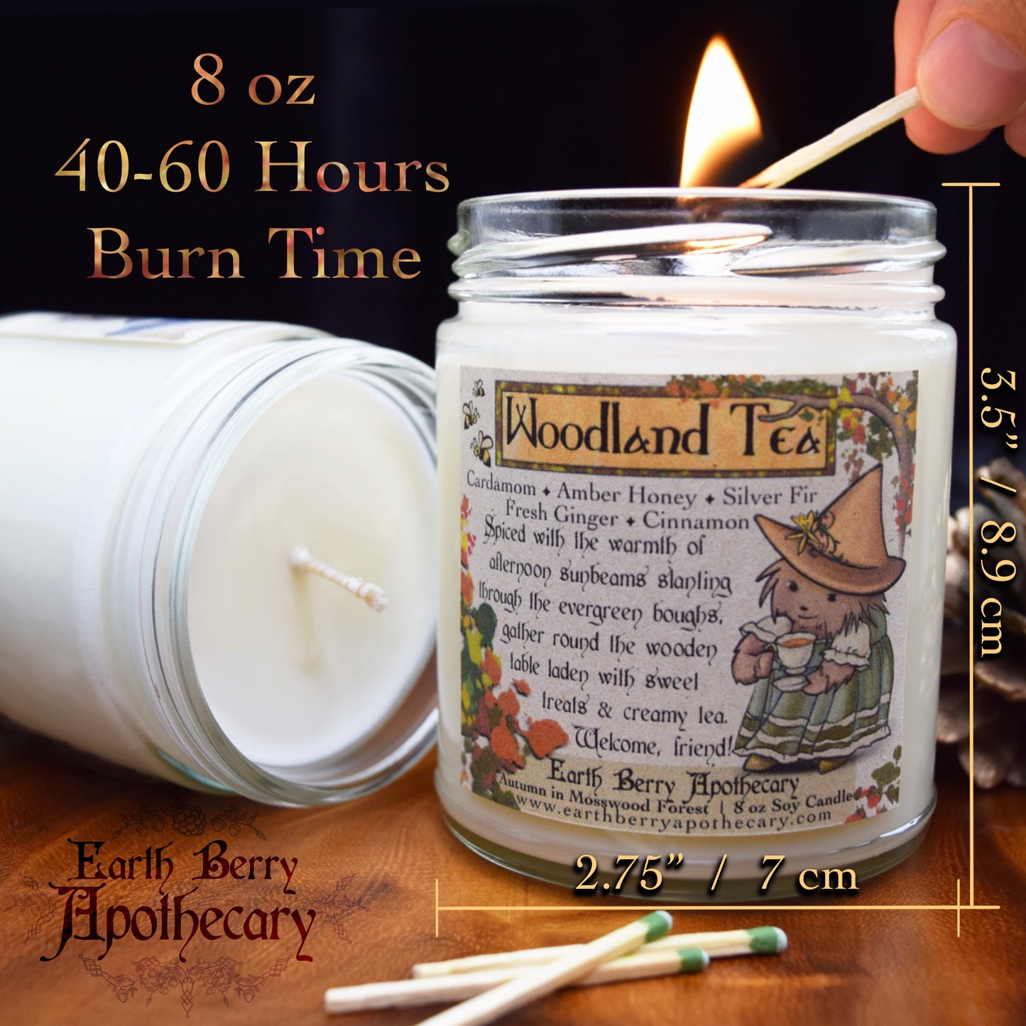 Earth Berry Apothecary 8 oz soy candles have 40-60 hours of burn time