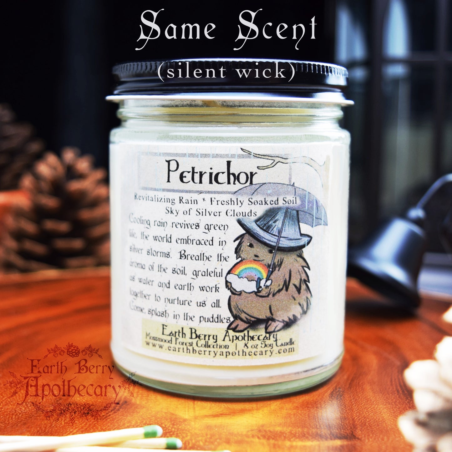 Earthy rain scented fantasy nature candle called petrichor, with a rainbow