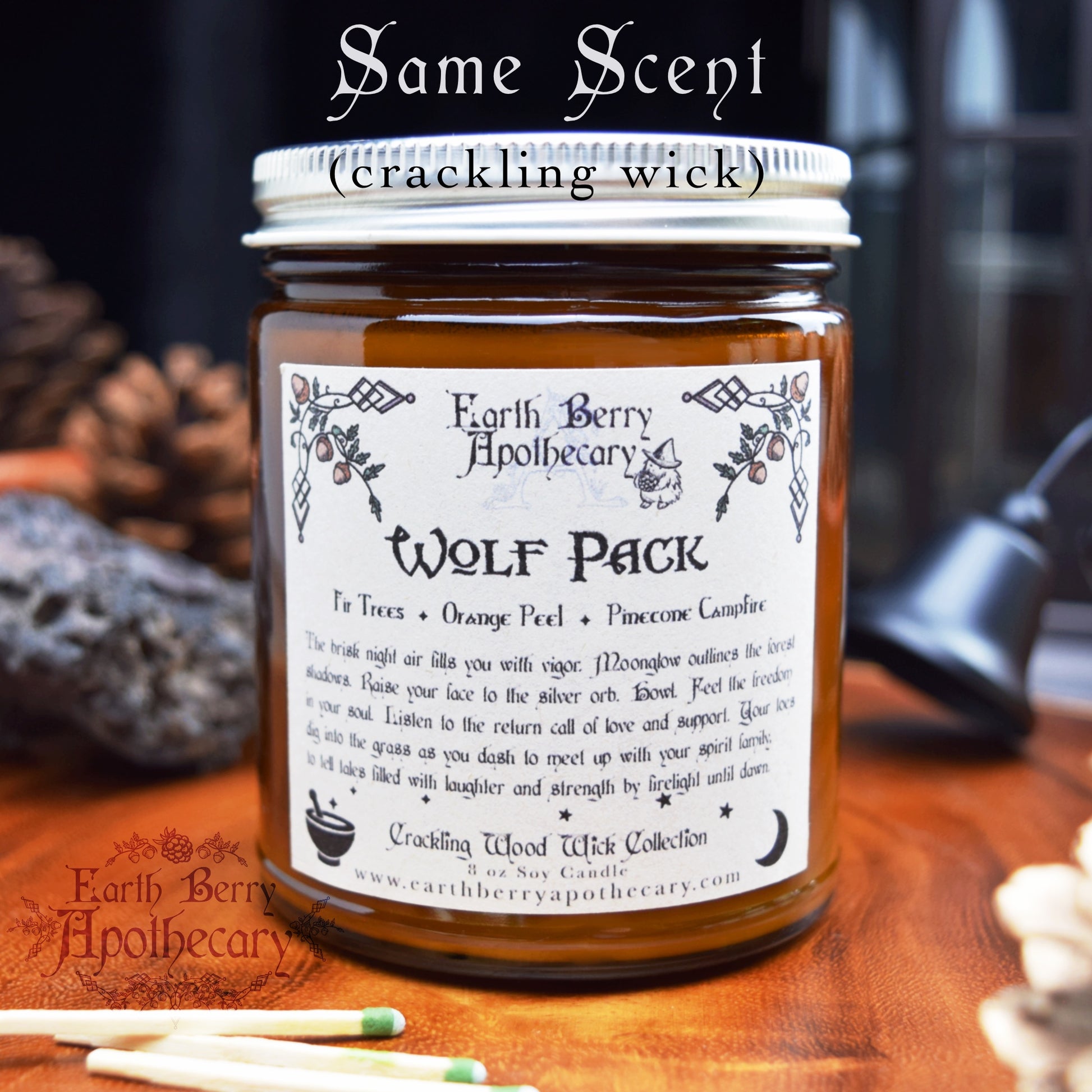 Orange citrus and woodsmoke crackling wick candle called wolf pack