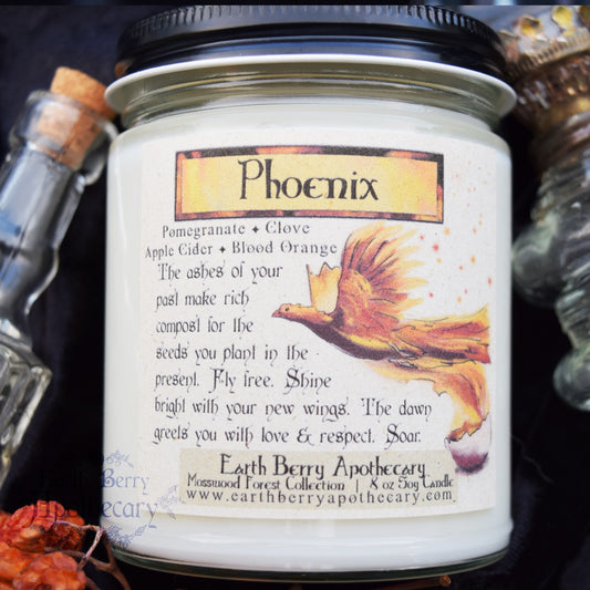 Apple cider and pomegranate scented fantasy nature candle called phoenix 