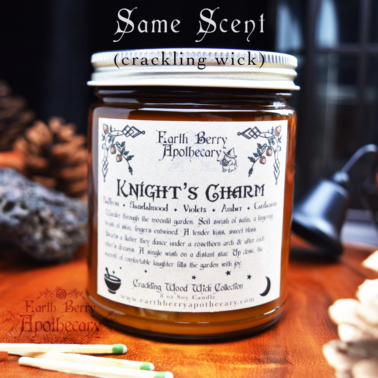 Sandalwood and amber scented crackling wood wick fantasy candle called knights charm