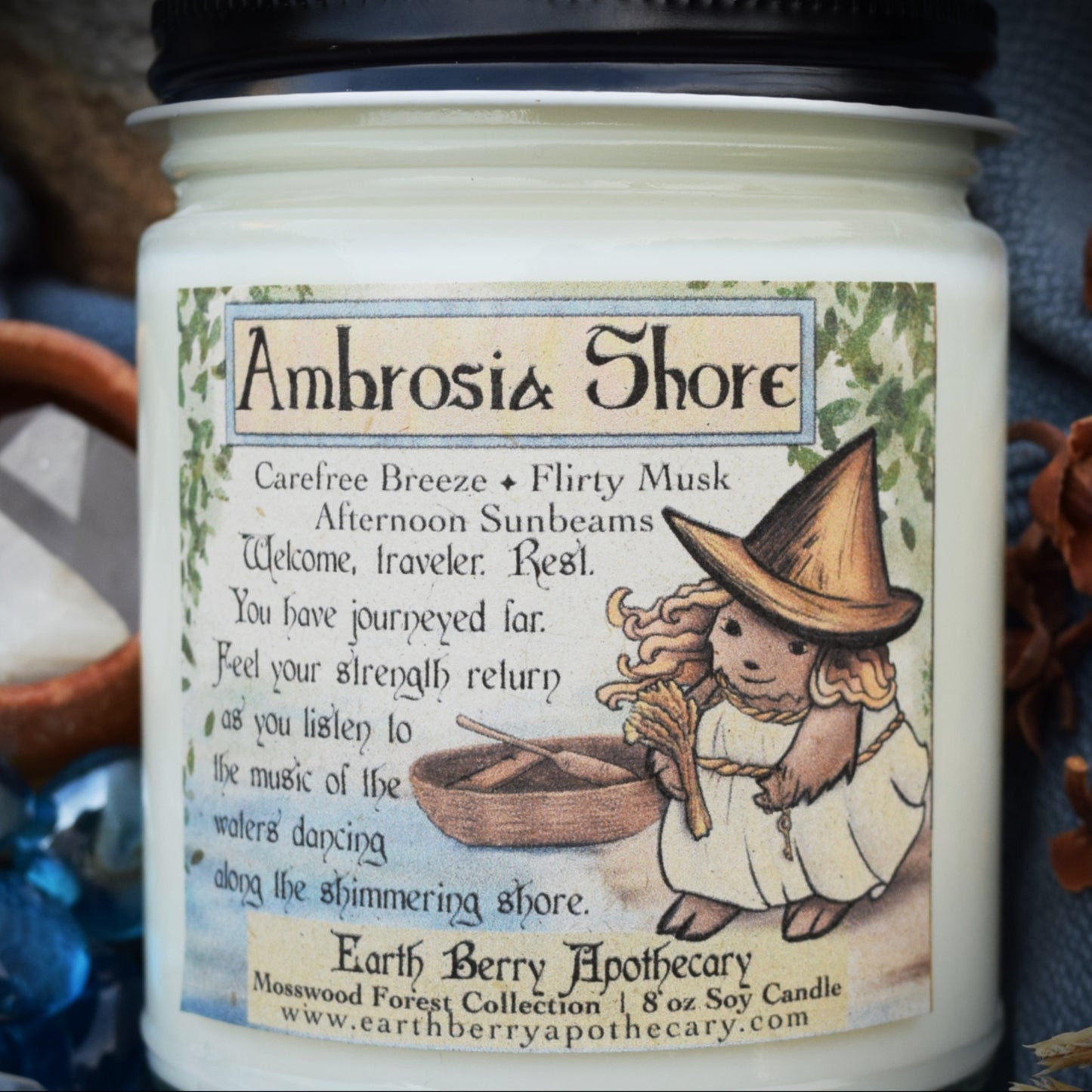 Cute beach candle with musk and ocean breeze scent called Ambrosia Shore. Mythology fantasy candle