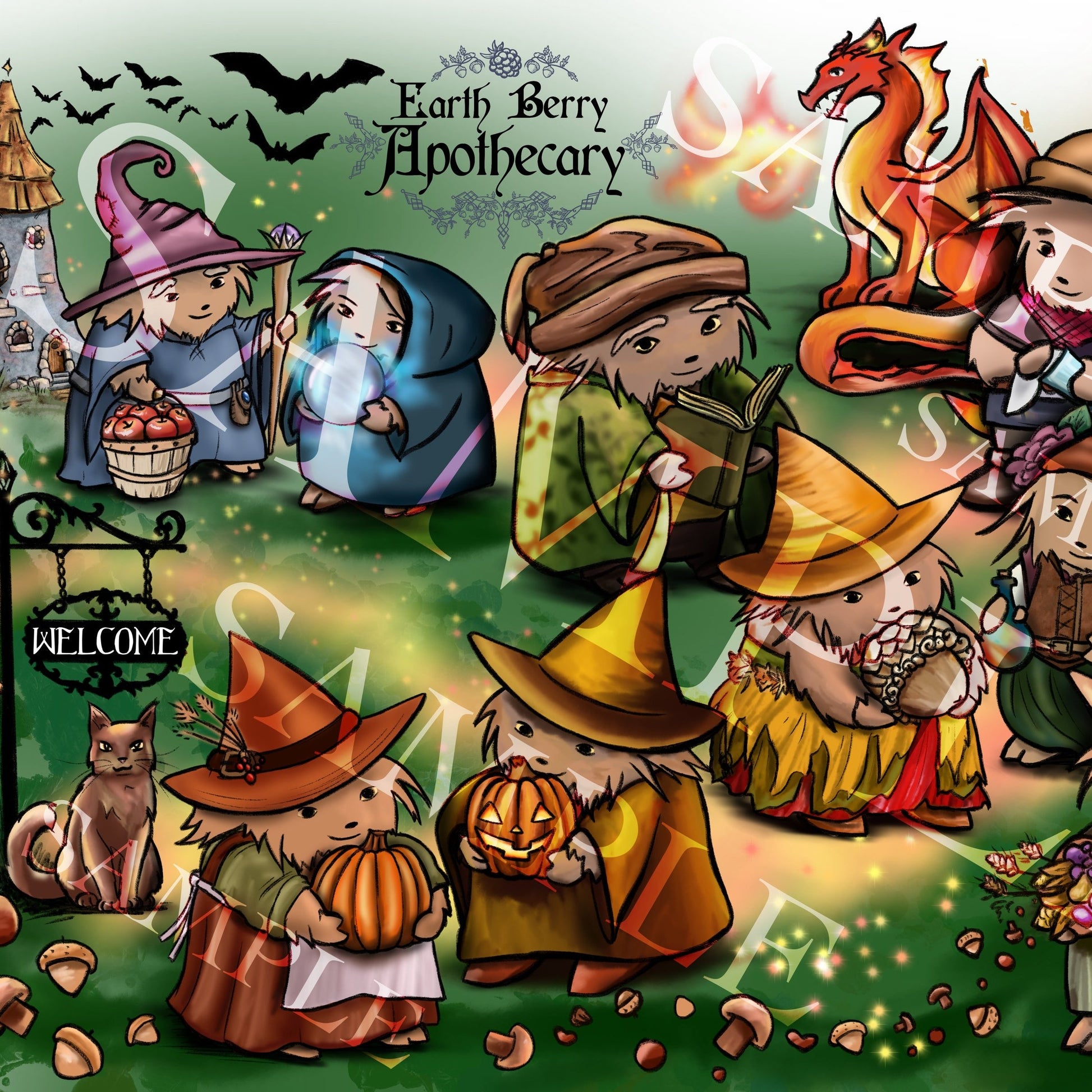 Fantasy forest art with hedge witches, wizards, dragons, and the storyteller