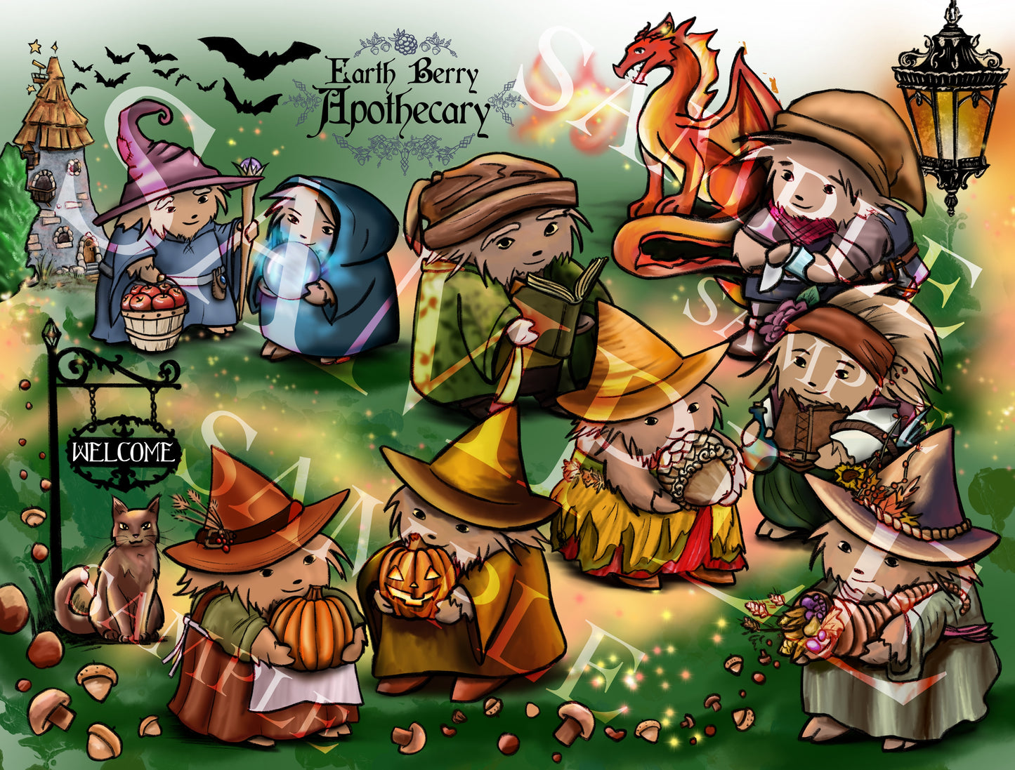 Fantasy forest art with hedge witches, wizards, pumpkins, dragons, and tavern