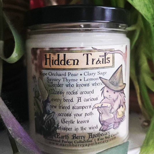 Magic hidden trails candle. pear, sage, thyme, and lemon scented candle