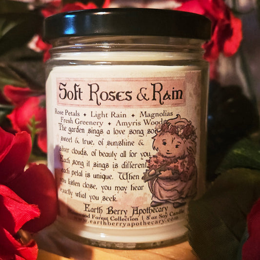 Soft roses and rain scented candle. Fantasy themed cottagecore candles.