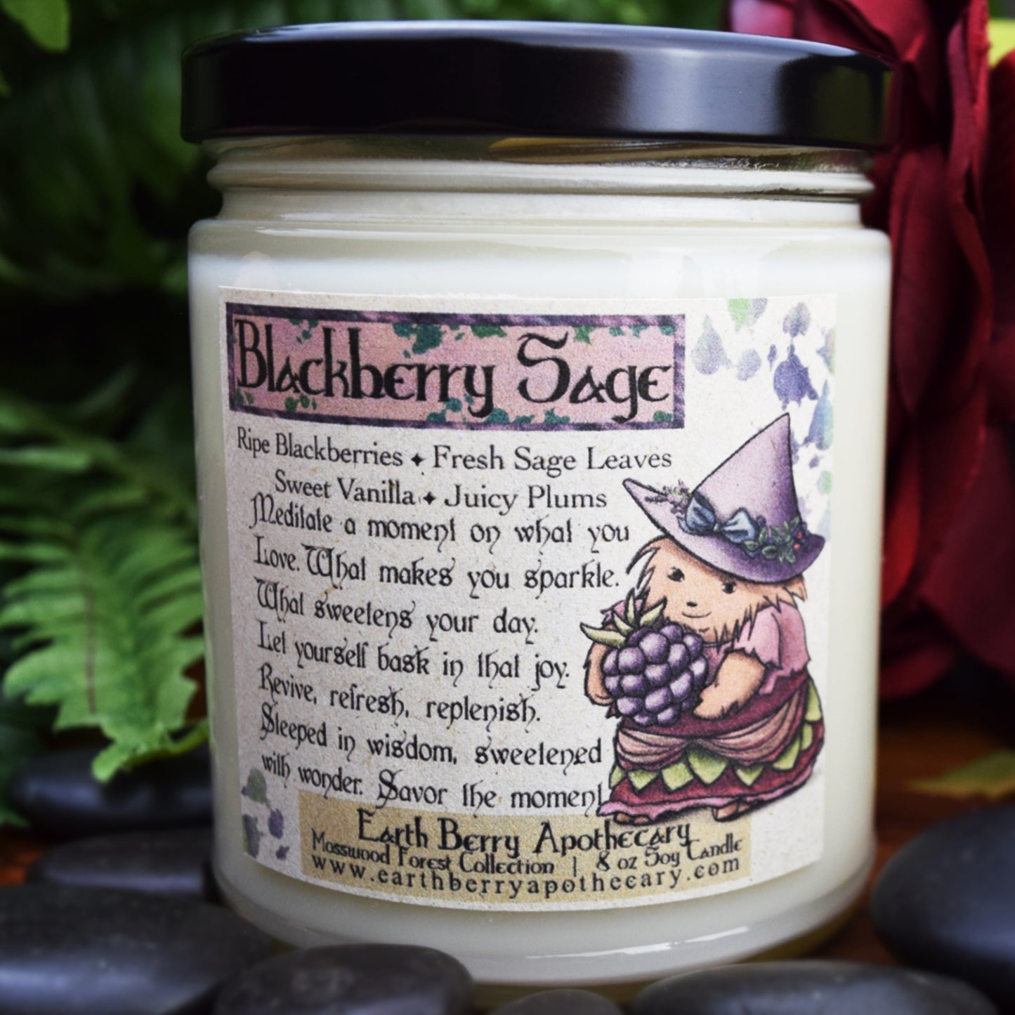 Blackberry sage scented fantasy nature candle.