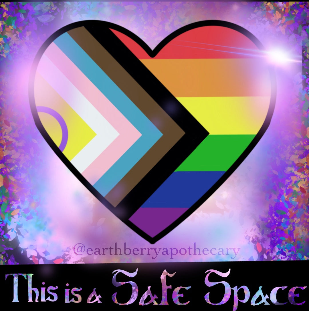 This is a sage space with the progress pride flag in a heart