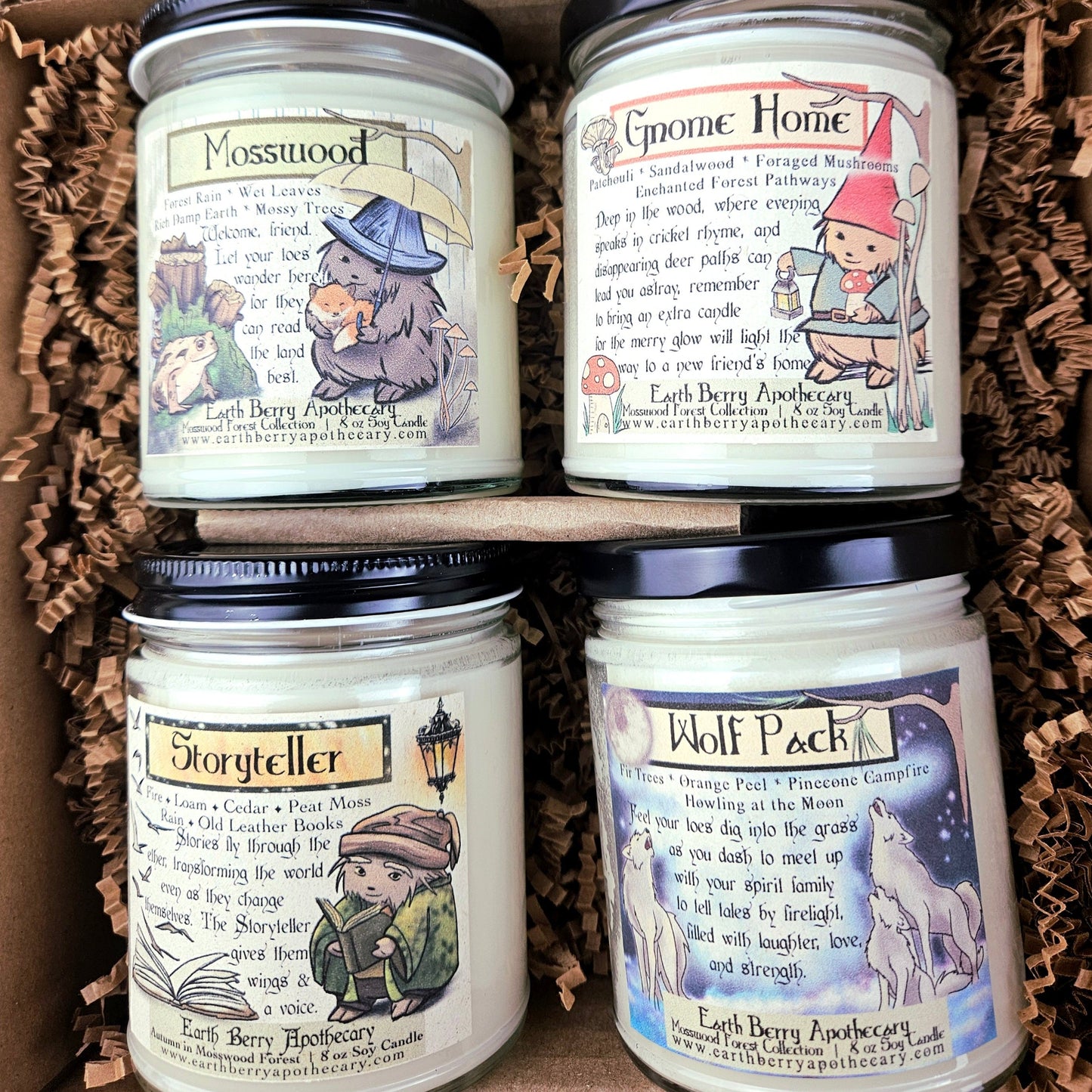 A gift set of earthy fantasy themed soy candles 